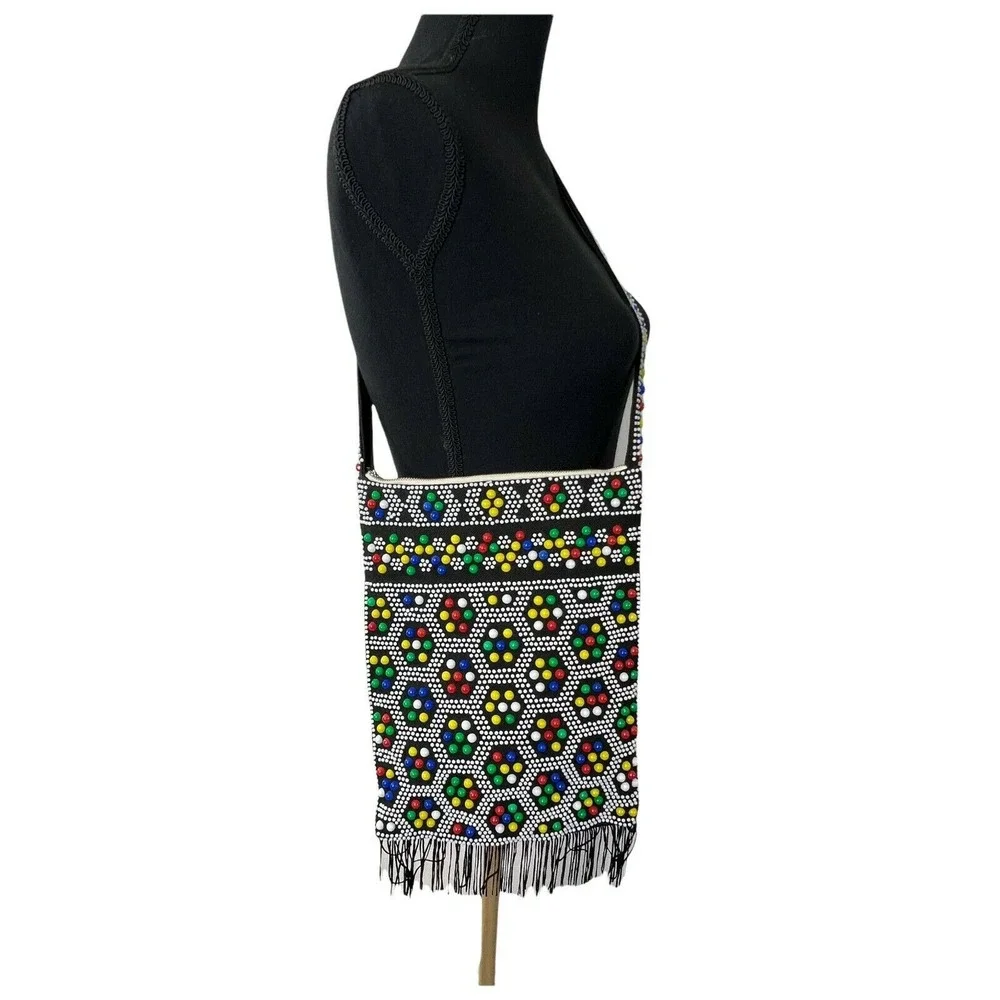 Vintage  Womens 1960 Color Candy Dot Beaded Black Boho Shoulder Bag Retro Fringe